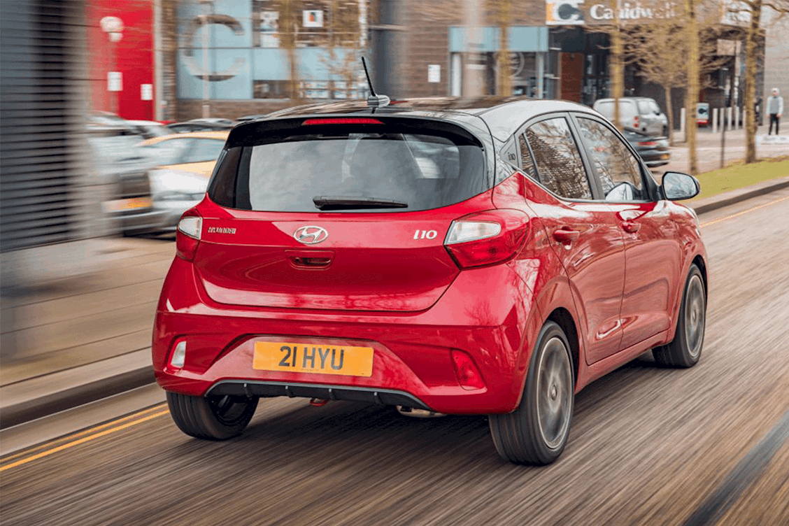 Hyundai i10 in red with rear view