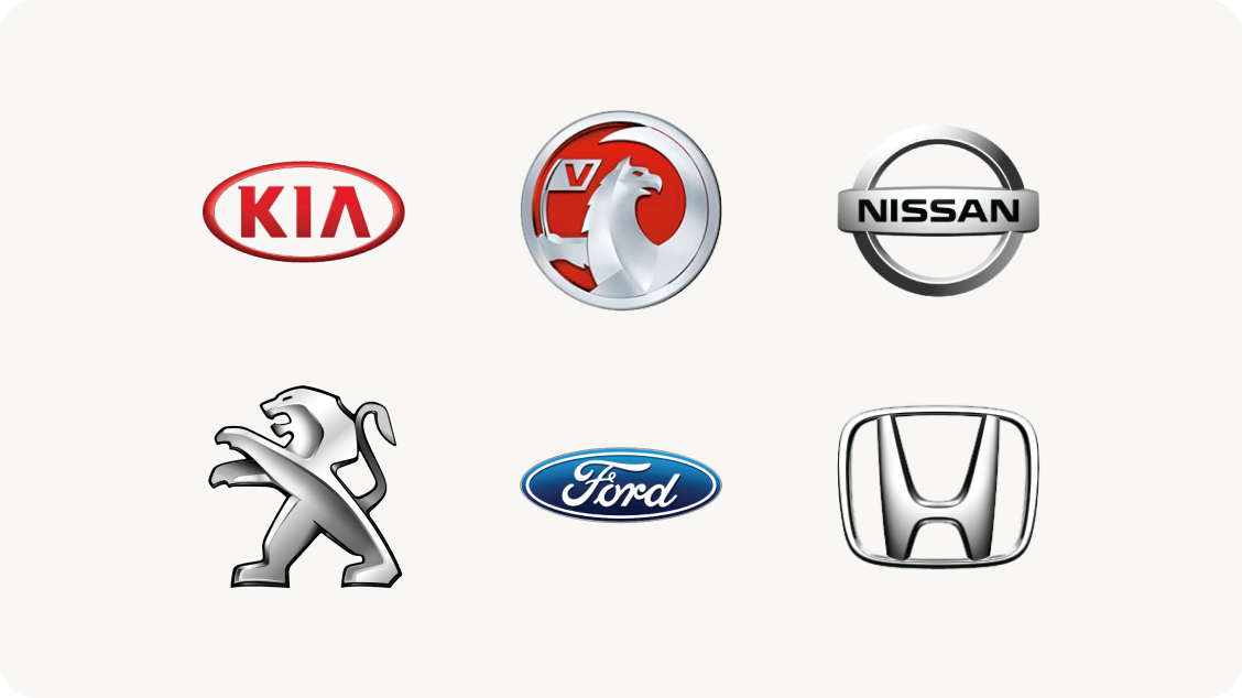 car manufacturer logos including kia, vauxhall, nissan, peugeot, ford and honda