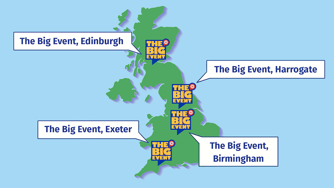 Map of Motability, The Big Event, in Edinburgh, Harrogate, Exeter and Birmingham
