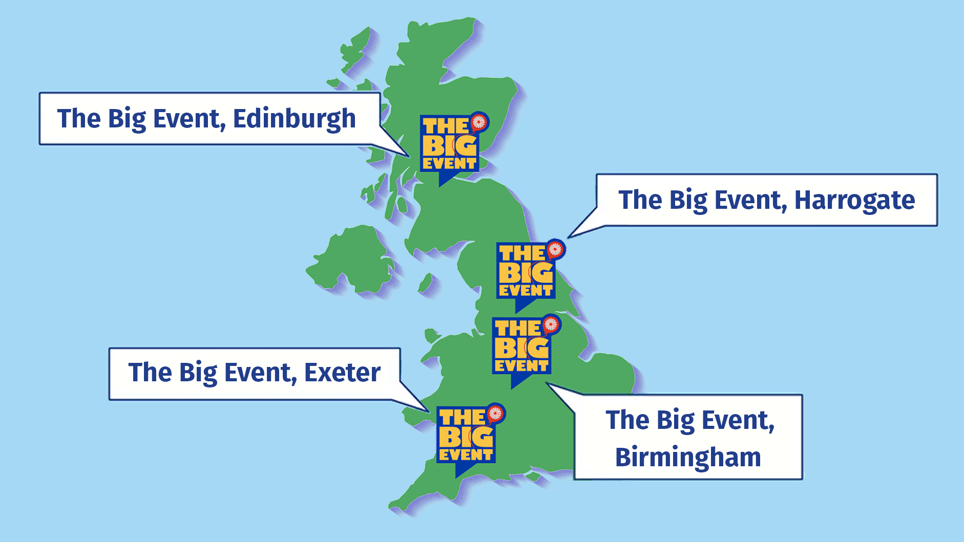 Map of Motability, The Big Event, in Edinburgh, Harrogate, Exeter and Birmingham