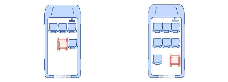 Two illustrations of the interior of a WAV, one with four seats and a wheelchair space, the other with seven seats and a wheelchair space