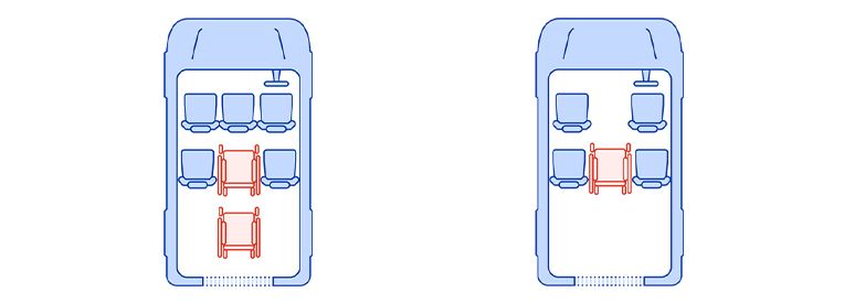 Two illustrations of the interior of a WAV, one with five seats and two wheelchair spaces, the other with four seats and a wheelchair space