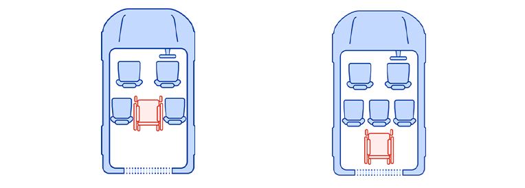Two illustrations of the interior of a WAV, one with four seats and a wheelchair space, the other with five seats and a wheelchair space