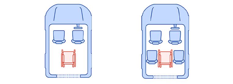 Two illustrations of the interior of a WAV, with two seats and a wheelchair space, and three seats and wheelchair space