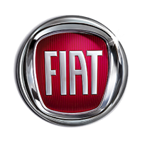 Logo of the Fiat car company, the letters FIAT in silver on a red background in a silver circle
