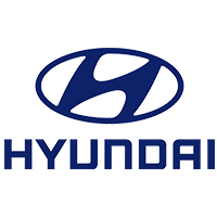 Logo of the Hyundai car company, a stylized slanted letter H in an oval with the word Hyundai below