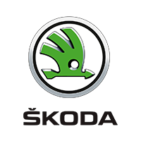 Logo of the Skoda car company, a green winged arrow in a silver circle