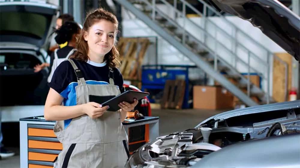 A car being serviced at a dealership
