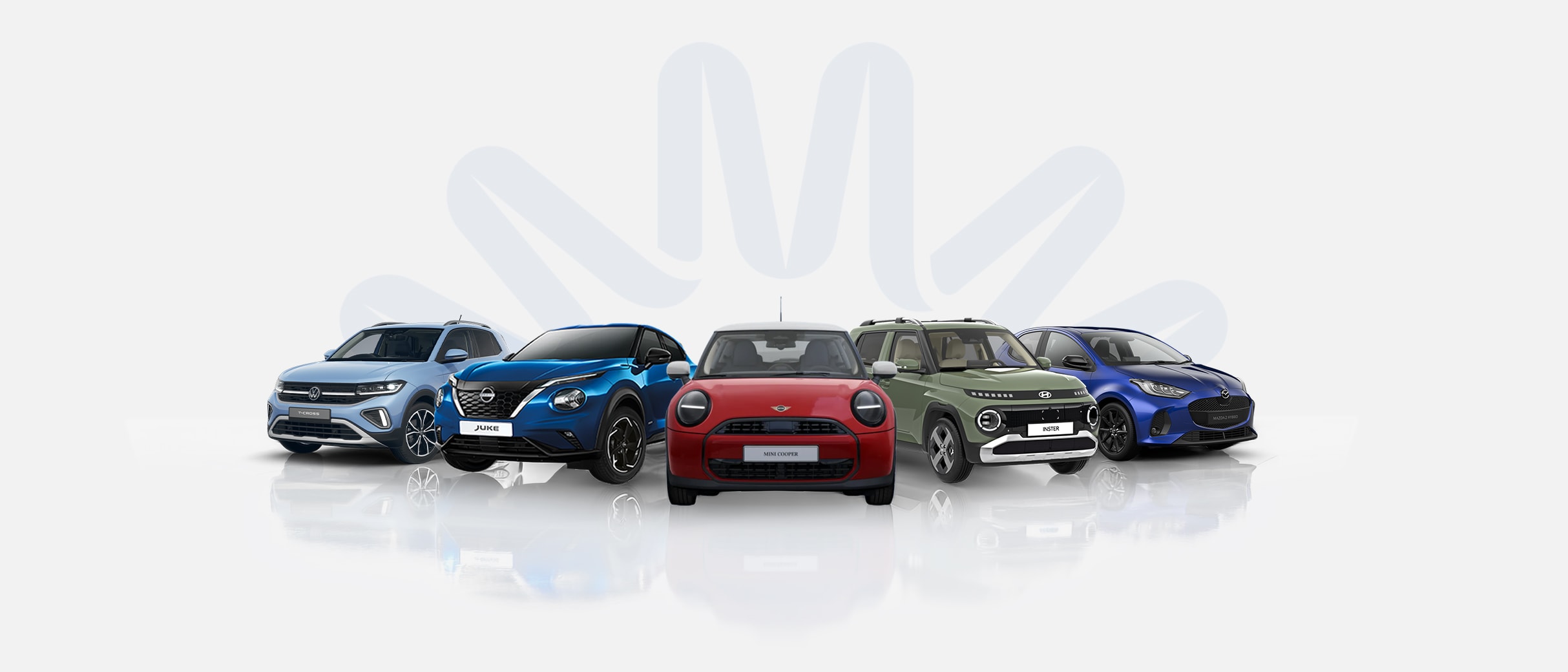 Five modern cars in various colours lined up on a reflective white surface with a faint hand logo in the background.