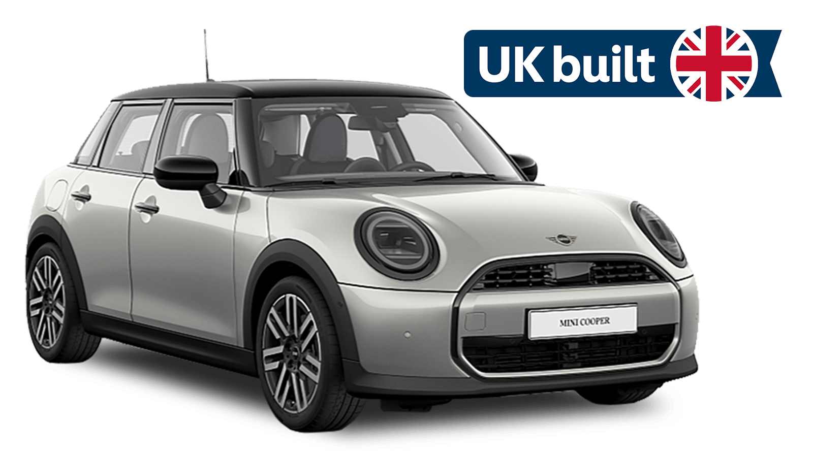 Mini Cooper, featuring UK built badge with Union Jack flag in top right corner.
