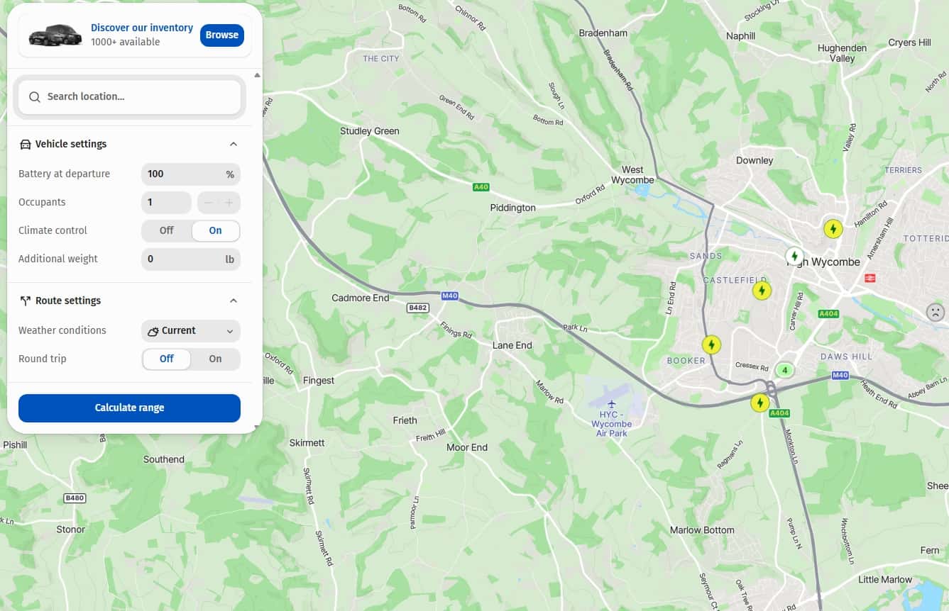 EV range calculator map around High Wycombe showing nearby charging points, with a side panel for vehicle settings like battery percentage, weather conditions, and round trip toggle, and a “Calculate range” button.