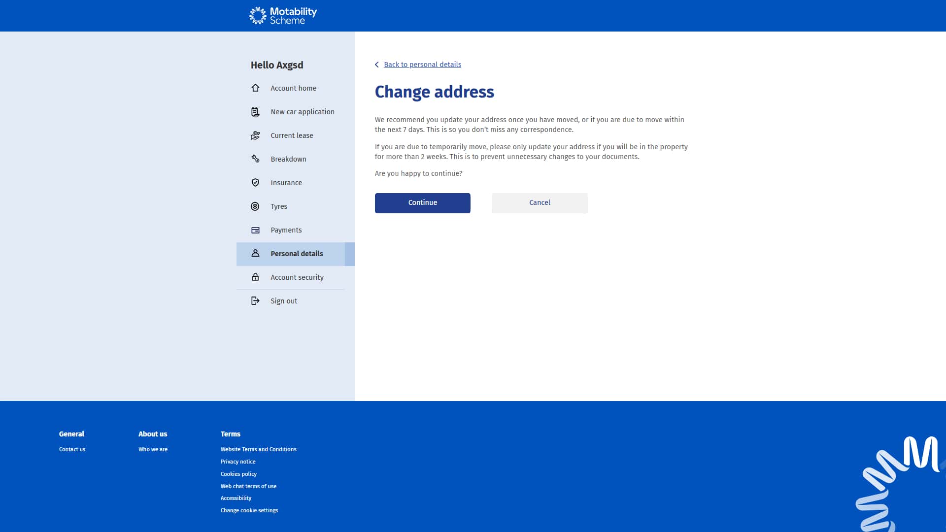A Motability Scheme online account page titled “Change address”. The screen prompts the user to confirm if they want to continue updating their address. It advises only updating the address if they have moved or will move within seven days, or if they’ll