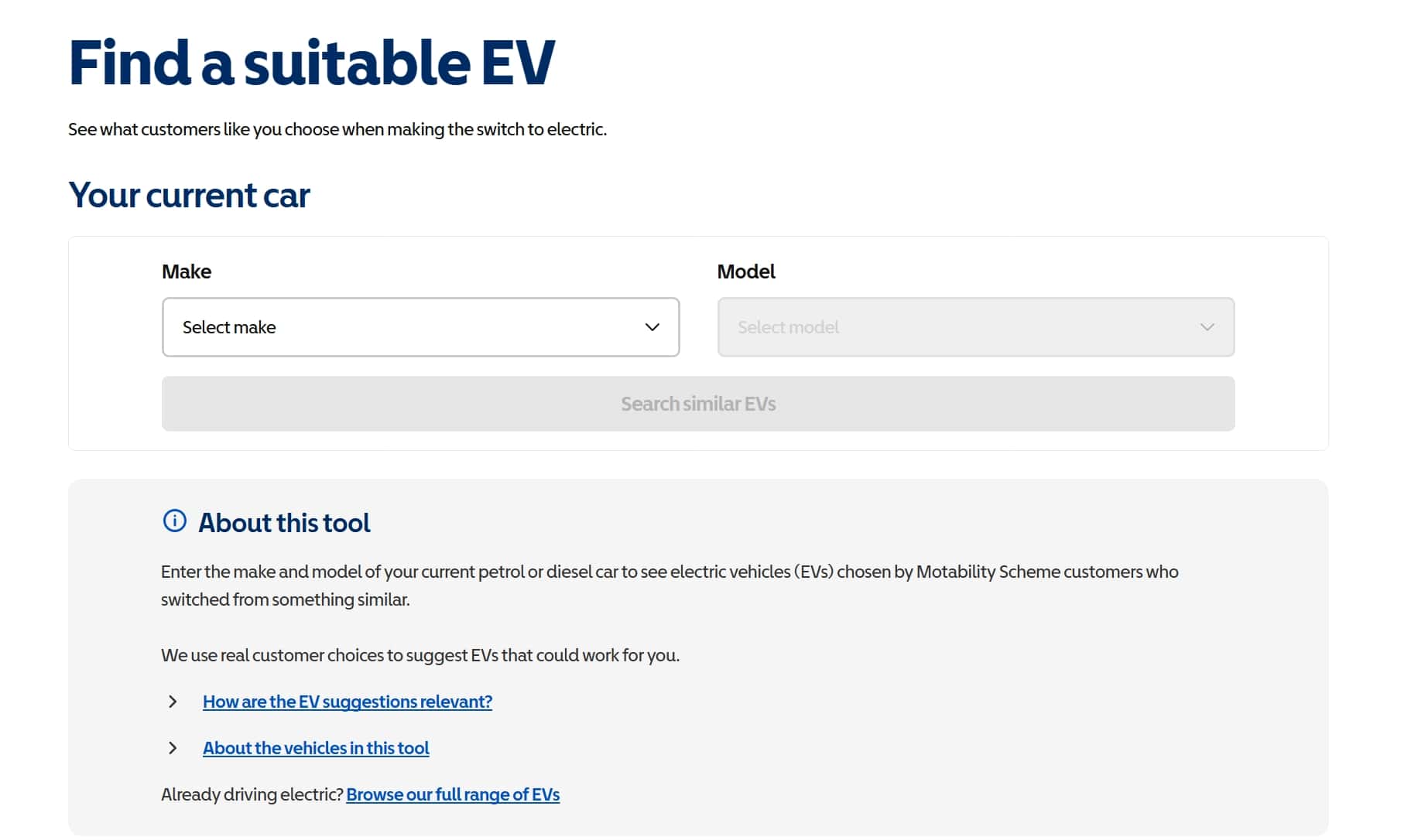 Find a suitable EV tool with dropdown fields to select the make and model of a current car, a disabled “Search similar EVs” button, and an information section explaining how recommendations are based on real customer choices.