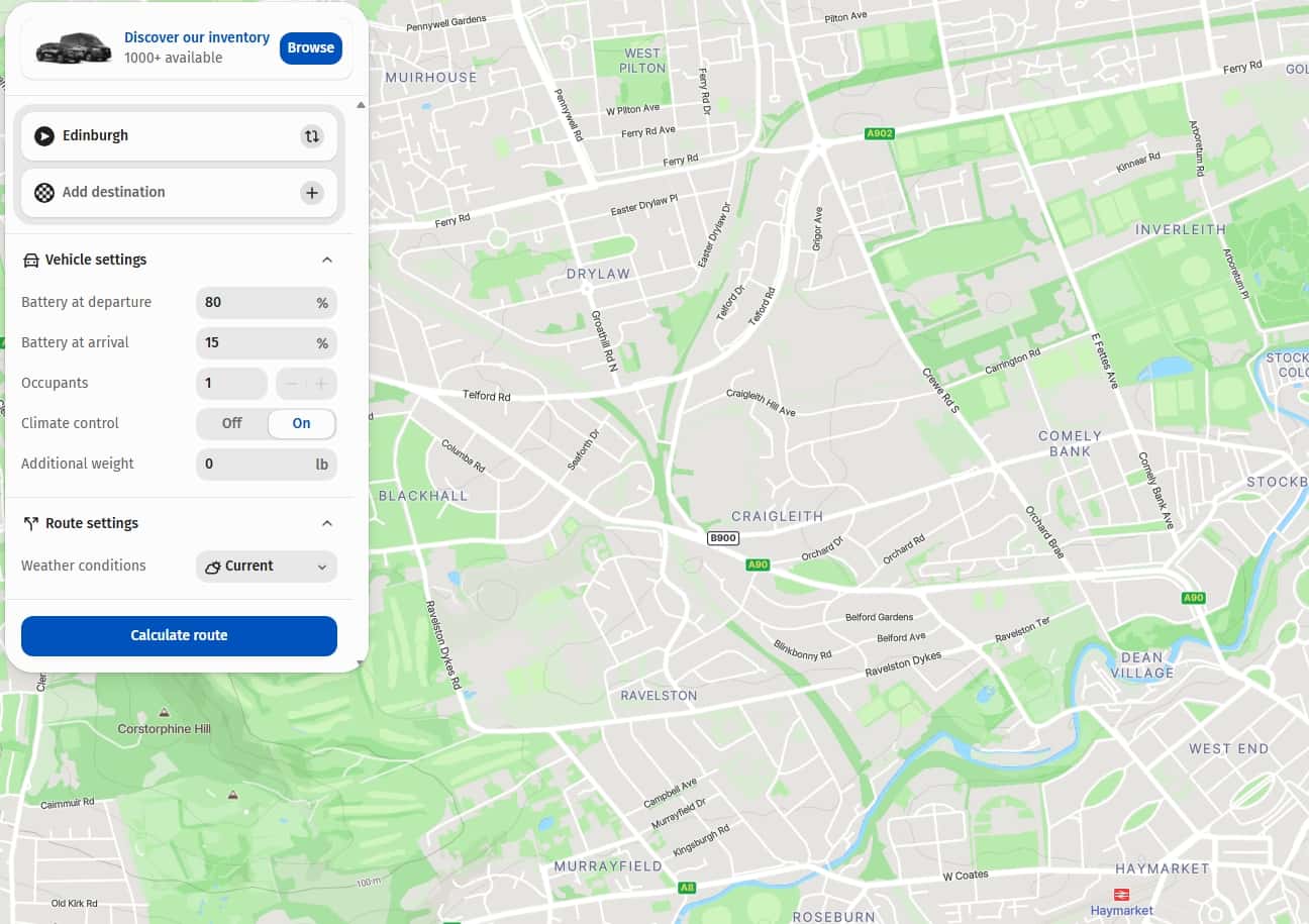 Route planner map centred on Edinburgh showing roads and green areas, with a side panel for entering a destination and adjusting vehicle settings such as battery level, occupants, and climate control, plus a “Calculate route” button.
