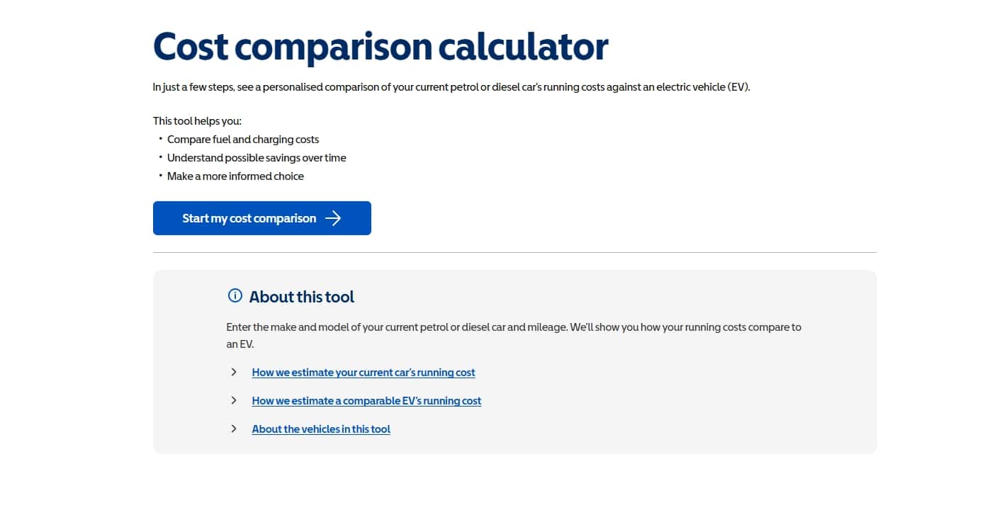 Motability Scheme EV for Me cost comparison calculator page explaining how users can compare running costs between petrol or diesel cars and electric vehicles, with a “Start my cost comparison” button and an expandable section describing how calculations
